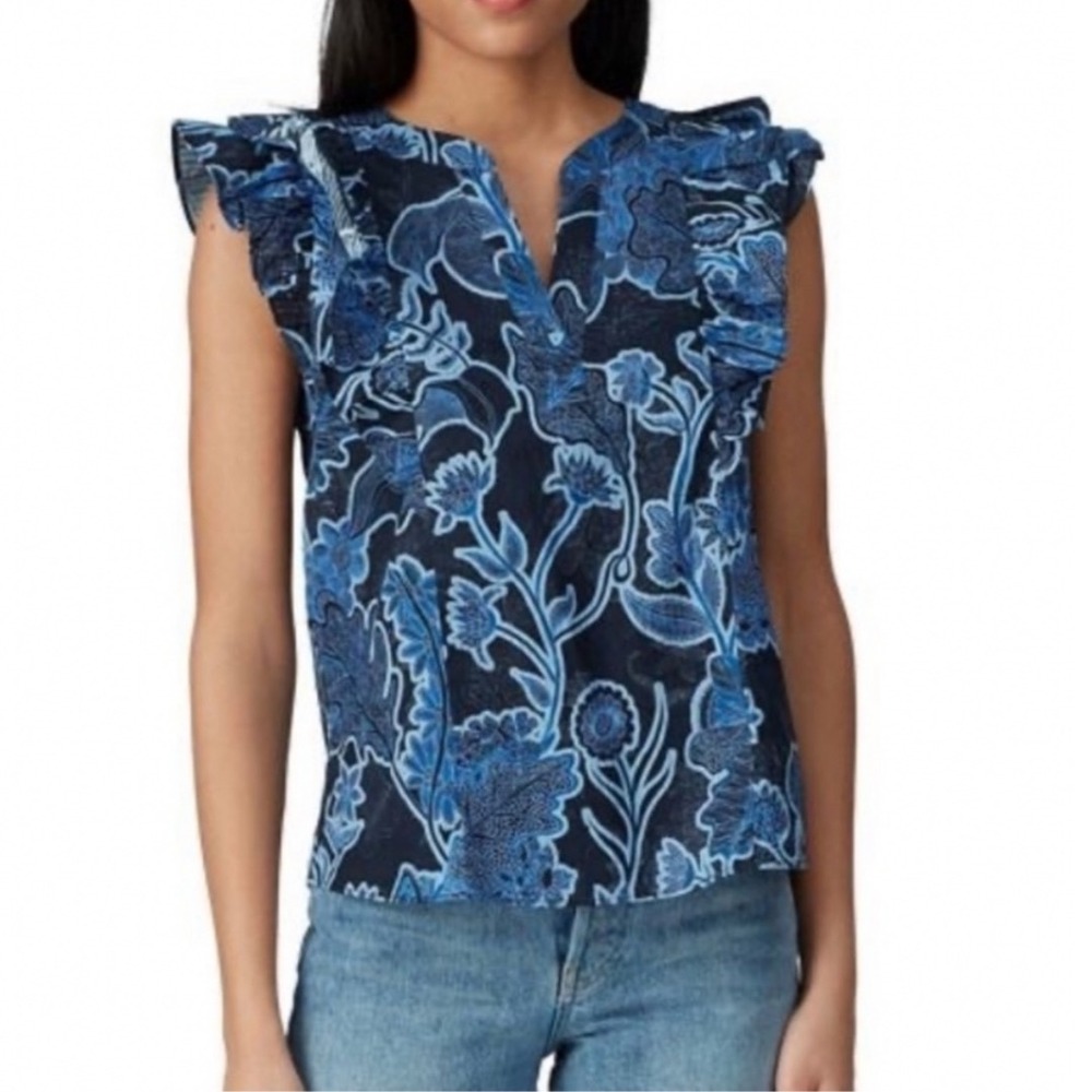 Parker Mindy Top Blue Floral Ruffle Sleeve XL Boho Resort Cottagecore Blouse